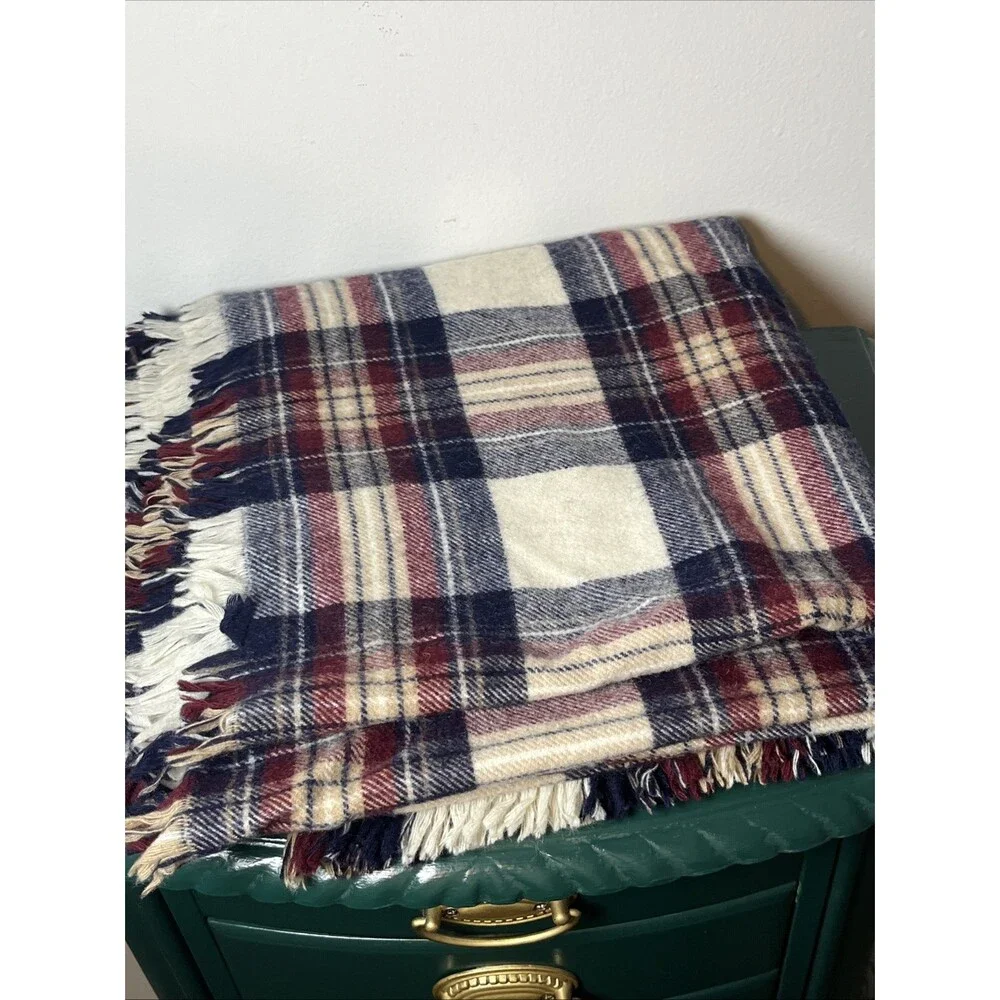 Vintage James Dalgliesh Burgundy Navy Blue Plaid 100% Wool Throw Blanket UK